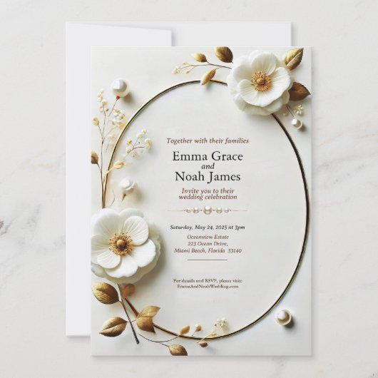 エレガント金ゴールドフレームフローラ結婚式招待状 招待状 (正面)