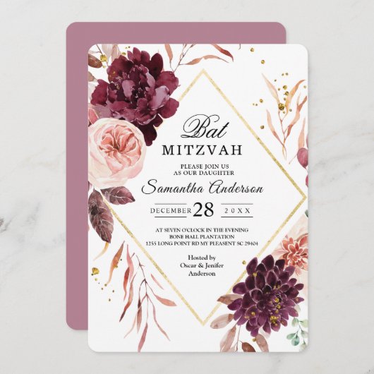 エレガント金ゴールドフレームフローラ赤とピンク 招待状 (正面/裏面)