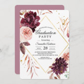 エレガント金ゴールドフレームフローラ赤とピンク 招待状 (正面/裏面)