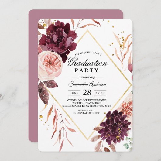 エレガント金ゴールドフレームフローラ赤とピンク 招待状 (正面/裏面)