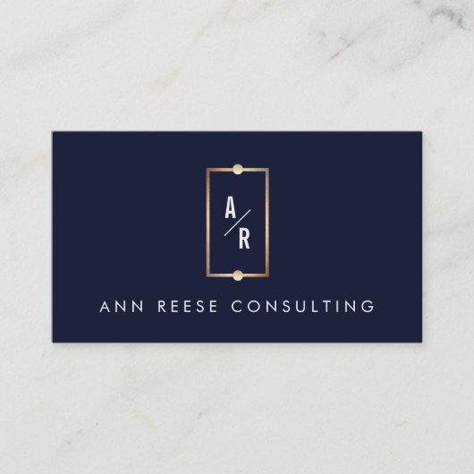 エレガント金ゴールドフレームモノグラムモダンネイビーブルー 名刺 (正面)