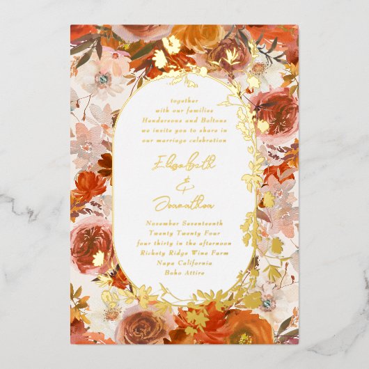 エレガント金ゴールドフレームリースフローラの結婚存在量 箔招待状 (正面)