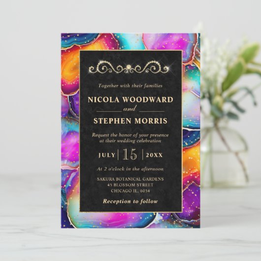 エレガント金ゴールドフレームレインボー結婚アゲート 招待状 (スタンド正面)