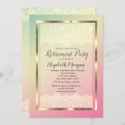 エレガント金ゴールドフレームレース除グラデーション去パーティー 招待状 (正面/裏面)