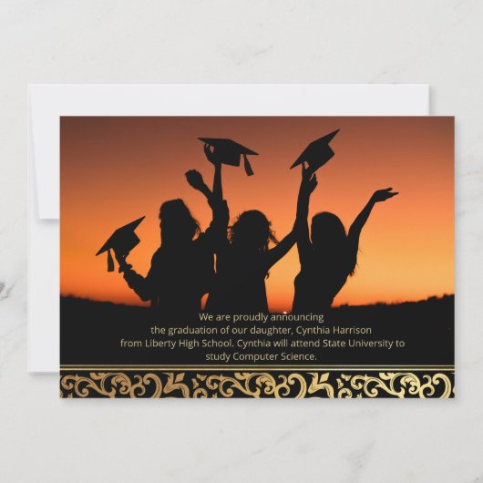 エレガント金ゴールドフレーム卒業発表 招待状 (裏面)