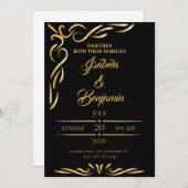 エレガント金ゴールドフレーム招待状 | ブラック&金ゴールドオルナム 招待状 (正面/裏面)