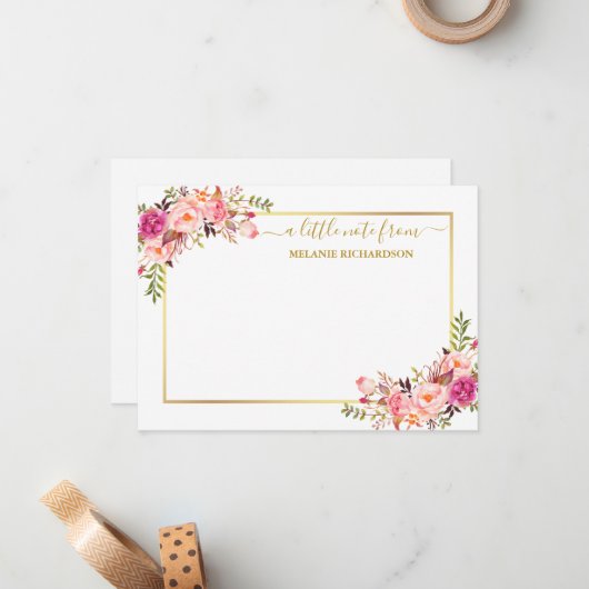 エレガント金ゴールドフレーム水色ピンク赤面フローラ ノートカード (正面/裏面インサイチュ)