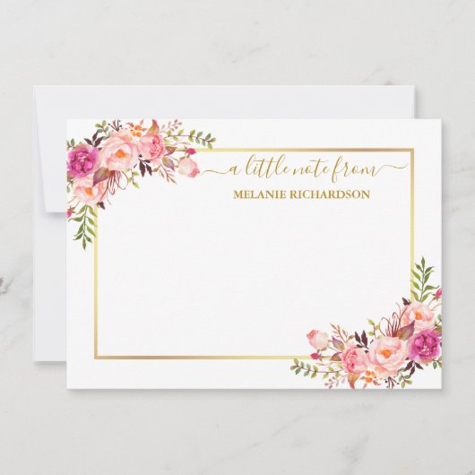 エレガント金ゴールドフレーム水色ピンク赤面フローラ ノートカード (正面)