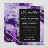 エレガント金ゴールドフレーム紫と銀アゲート結婚ト 招待状 (正面/裏面)