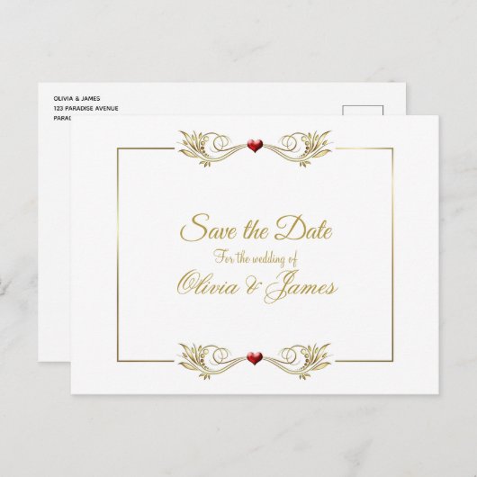 エレガント金ゴールドフレーム結婚式の日付の保存 案内ポストカード (正面/裏面)