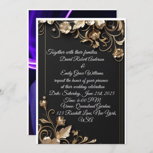 エレガント金ゴールドフレーム結婚式招待状 招待状 (正面/裏面)