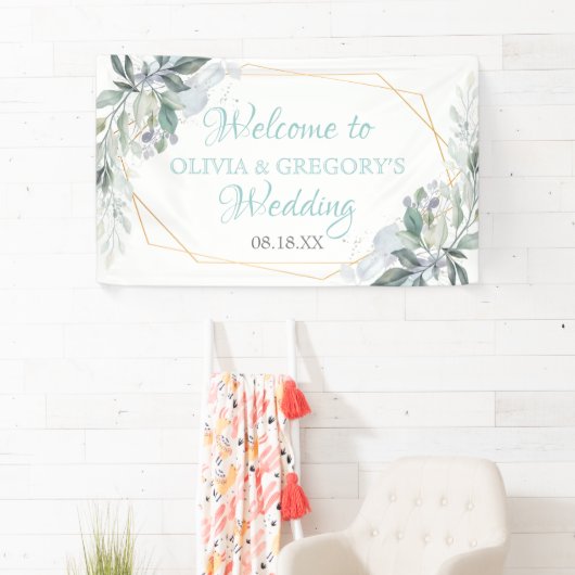 エレガント金ゴールドフレーム緑豊かな結婚青 横断幕 (インサイチュ)