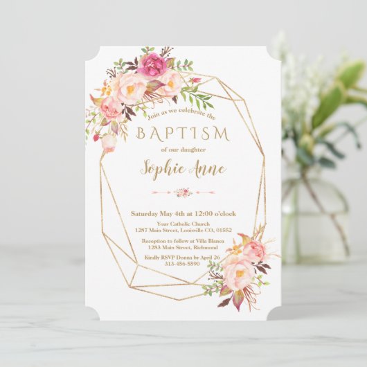 エレガント金ゴールドフレーム赤面ピンクフローラバプテスマ 招待状 (スタンド正面)