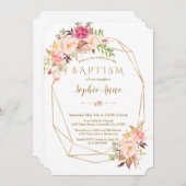 エレガント金ゴールドフレーム赤面ピンクフローラバプテスマ 招待状 (正面/裏面)