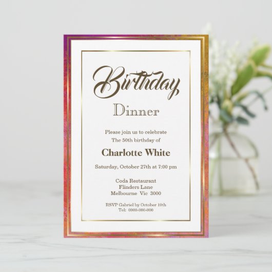 エレガント金ゴールドフレーム50th誕生日ディナー招待状 招待状 (スタンド正面)