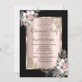 エレガント金ゴールドフレーム,パーム葉バラ退職 招待状 (正面)