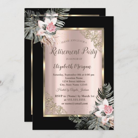 エレガント金ゴールドフレーム,パーム葉バラ退職 招待状 (正面/裏面)