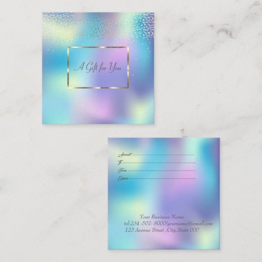 エレガント金ゴールドフレーム、紙吹雪青ホログラフィック 割引カード (正面/裏面)