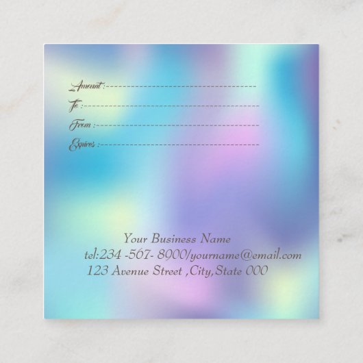 エレガント金ゴールドフレーム、紙吹雪青ホログラフィック 割引カード (裏面)