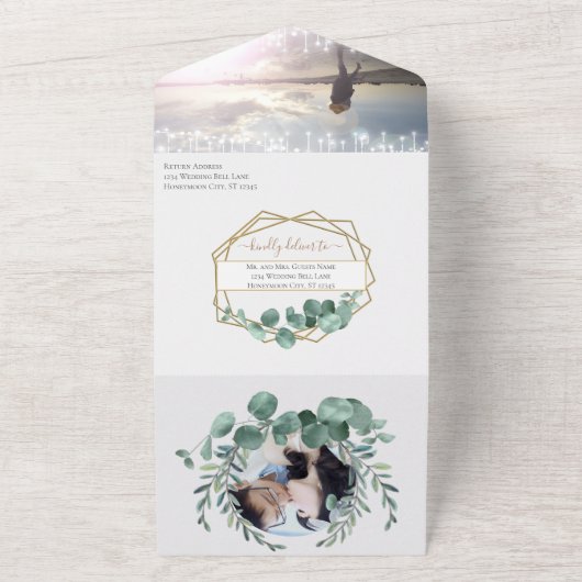 エレガント金ゴールドフレームEucalyptusメニュー選択結婚の オールインワン招待状 (外側)