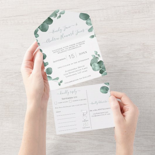 エレガント金ゴールドフレームEucalyptusメニュー選択結婚の オールインワン招待状 (貼ってはがせる)