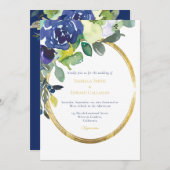 エレガント金ゴールドフレームNavy水色フローラ白 招待状 (正面/裏面)