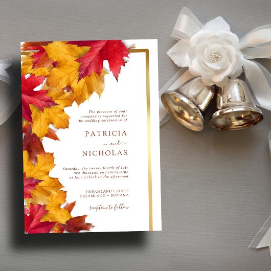 エレガント金ゴールドフレ素朴ーム&秋チャーム結婚ズ 招待状