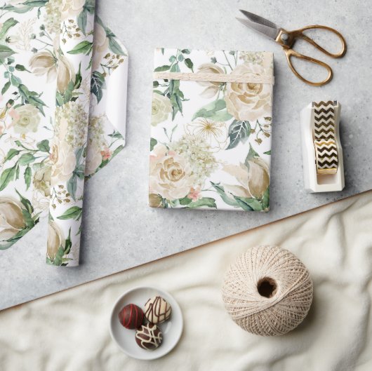 エレガント金ゴールドフローラエッチングcreme水色バラ ラッピングペーパー (クラフト)