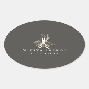 エレガント金ゴールドフローラサロンシザーロゴ 楕円形シール