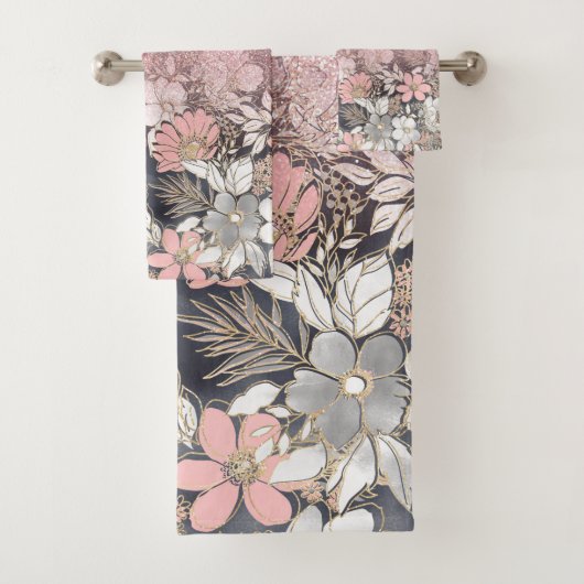 エレガント金ゴールドフローラピンクのグラデーショングリッター画像 バスタオルセット (インサイチュ)