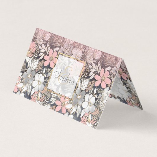 エレガント金ゴールドフローラピンクのグラデーショングリッター画像 名刺 (正面)