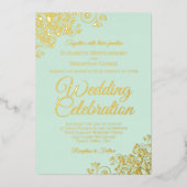 エレガント金ゴールドフローラフリルオンミントグリーン結婚ズ 箔招待状 (正面)