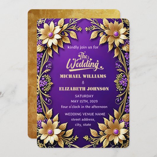 エレガント金ゴールドフローラフレームパープル結婚ズ 招待状 (正面/裏面)