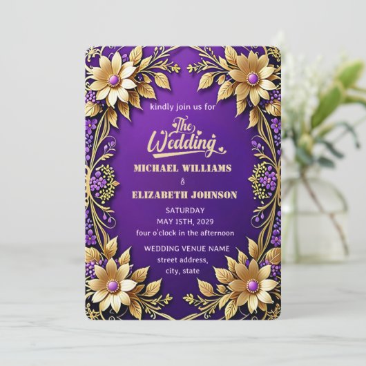 エレガント金ゴールドフローラフレームパープル結婚ズ 招待状 (スタンド正面)