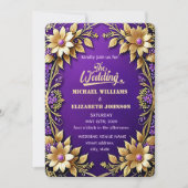 エレガント金ゴールドフローラフレームパープル結婚ズ 招待状 (正面)
