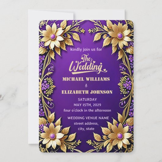 エレガント金ゴールドフローラフレームパープル結婚ズ 招待状 (正面)
