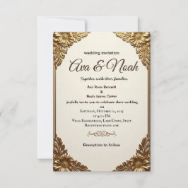 エレガント金ゴールドフローラフレーム結婚式招待状 招待状