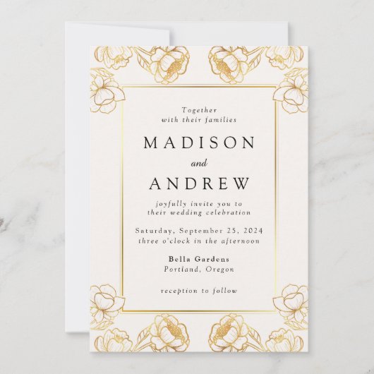 エレガント金ゴールドフローラフレ結婚ーム 招待状 (正面)