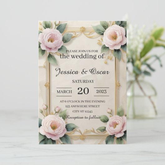 エレガント金ゴールドフローラフレ結婚ーム 招待状 (スタンド正面)