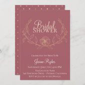 エレガント金ゴールドフローラリースブライダルシャワー 招待状 (正面/裏面)