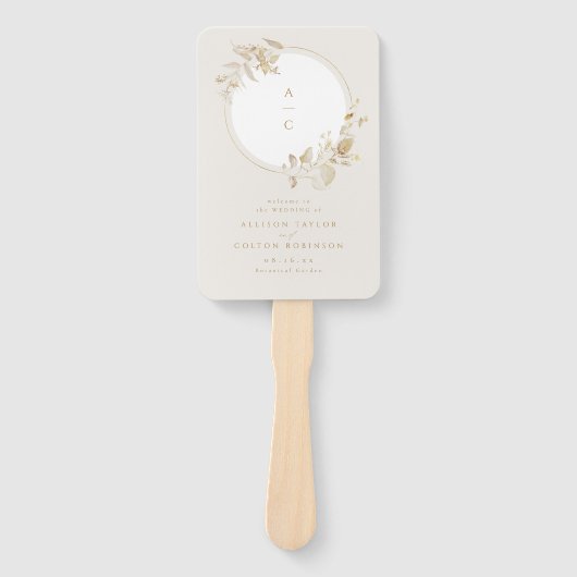 エレガント金ゴールドフローラリース結婚式 プログラム ハンドファン (正面)