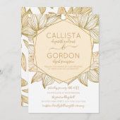 エレガント金ゴールドフローラ六角テラ結婚リウム 招待状 (正面/裏面)