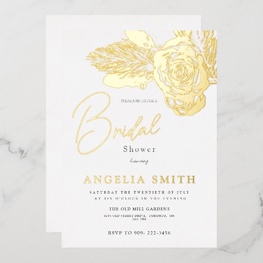 エレガント金ゴールドフローラ実在ブライダルシャワー 箔招待状 (正面/裏面)
