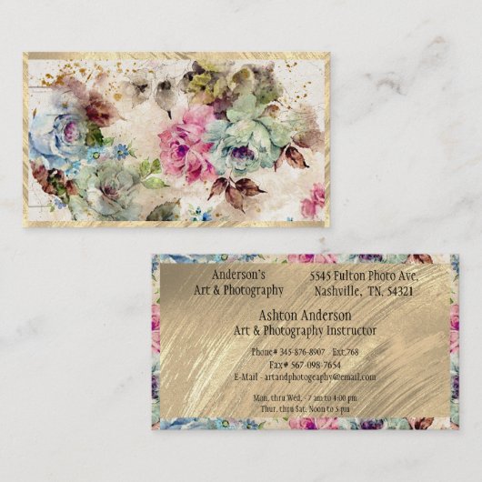 エレガント金ゴールドフローラ抽象芸術水色素朴 名刺 (正面/裏面)