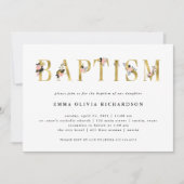 エレガント金ゴールドフローラ文字 | バプテスマ 招待状 (正面)