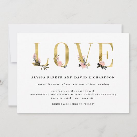 エレガント金ゴールドフローラ文字 |愛結婚の 招待状 (正面)