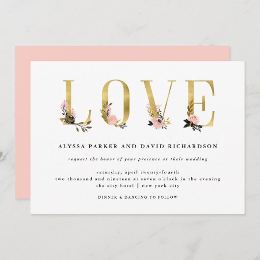 エレガント金ゴールドフローラ文字 |愛結婚の 招待状 (正面/裏面)