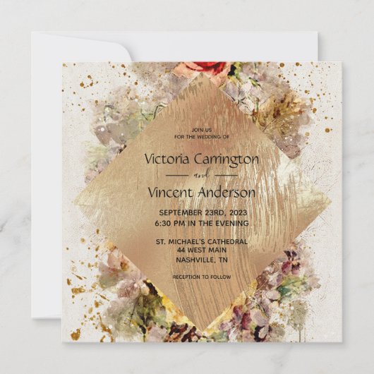 エレガント金ゴールドフローラ水の色結婚の 招待状 (正面)