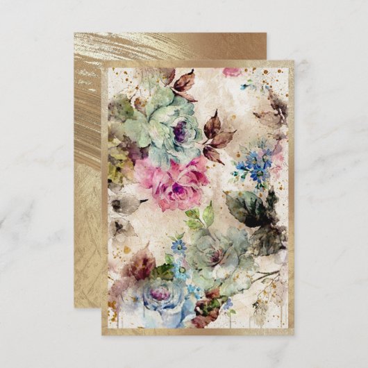 エレガント金ゴールドフローラ水色抽象芸術 素朴 サンキューカード (正面/裏面)