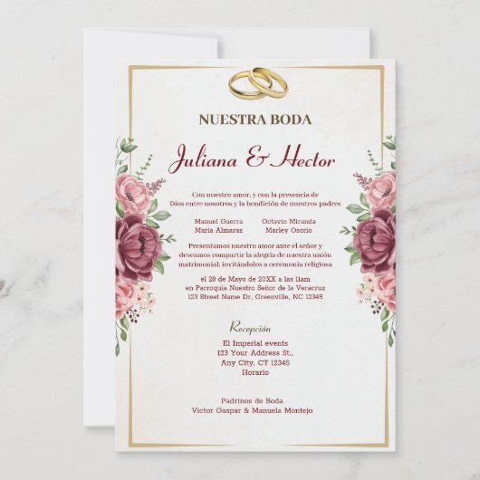 エレガント金ゴールドフローラ結婚ズ 招待状 (正面)